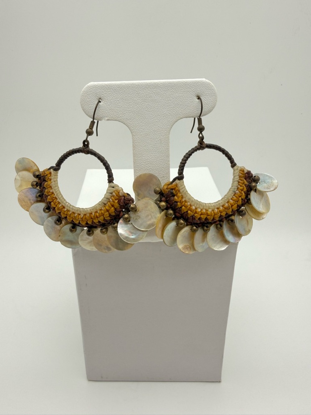 Handcrafted in Thailand Shell Hoop Earrings in Ivory and Mustard